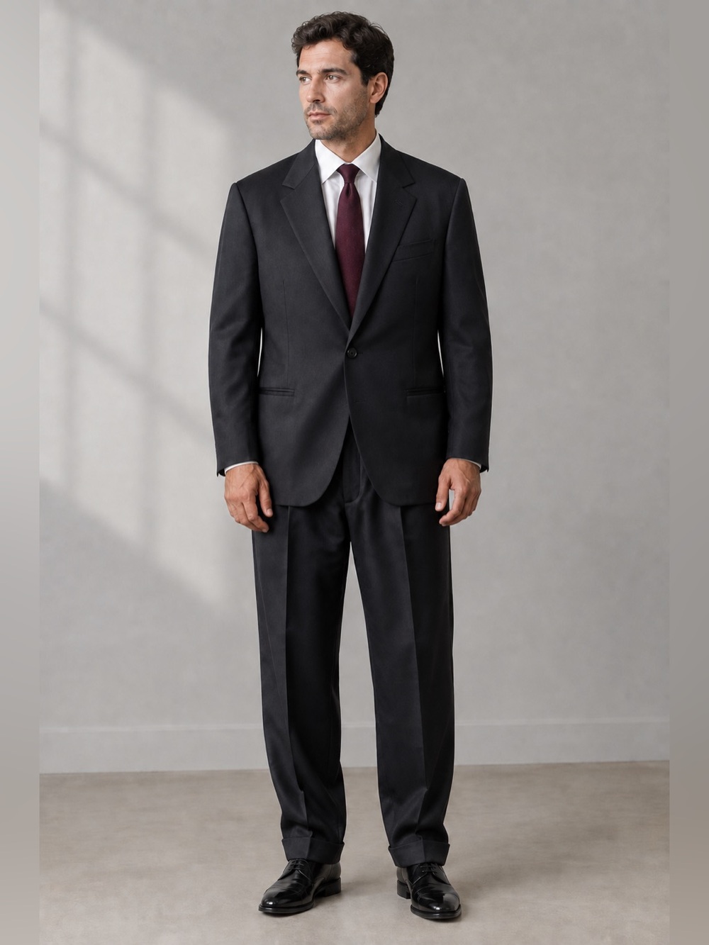 Bachrach Men's Black Two-Piece Suit with Burgundy Tie